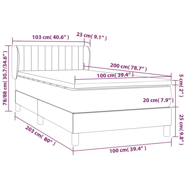 Cama box spring con colchón tela gris oscuro 100x200 cm