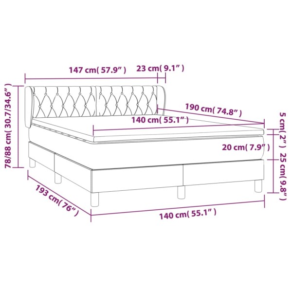 Cama box spring con colchón tela gris oscuro 140x190 cm