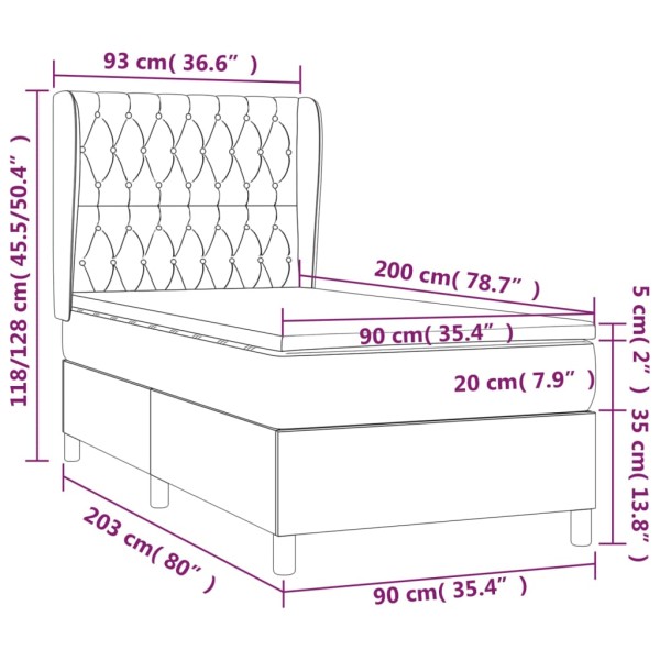 Cama box spring con colchón tela azul 90x200 cm