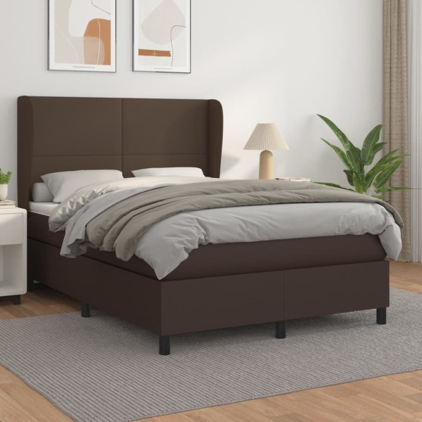 Cama box spring con colchón cuero sintético marrón 140x190 cm