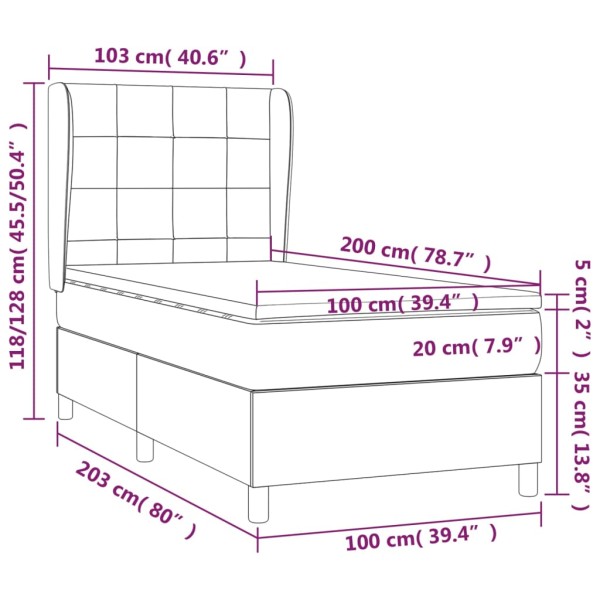 Cama box spring con colchón terciopelo gris oscuro 100x200 cm