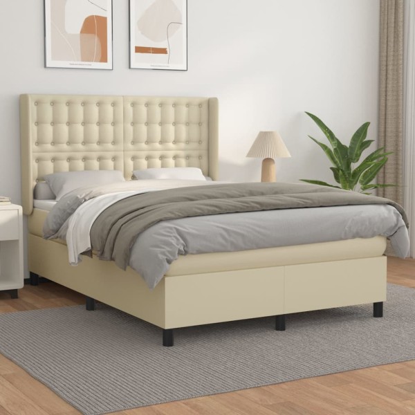 Cama box spring con colchón cuero sintético crema 140x190 cm