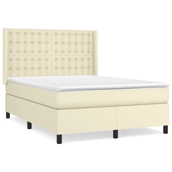 Cama box spring con colchón cuero sintético crema 140x190 cm