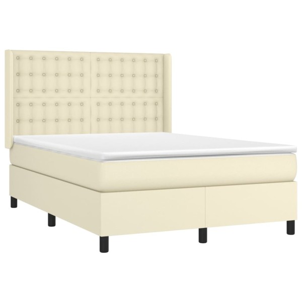 Cama box spring con colchón cuero sintético crema 140x190 cm