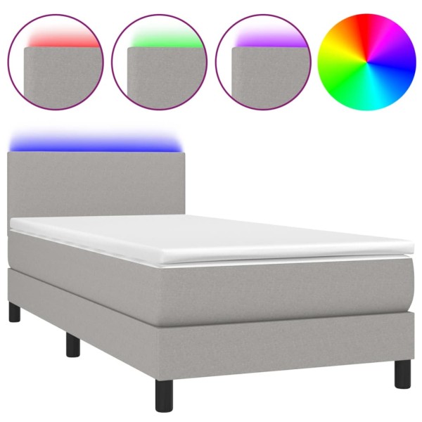 Cama box spring con colchón tela y LED gris claro 100x200 cm