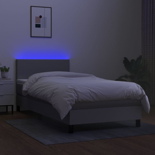 Cama box spring con colchón tela y LED gris claro 100x200 cm