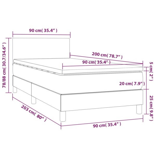 Cama box spring colchón y luces LED tela gris claro 90x200 cm