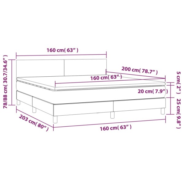 Cama box spring con colchón tela y LED gris claro 160x200 cm