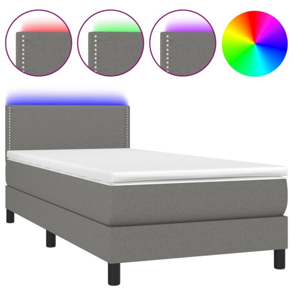 Cama box spring colchón y luces LED tela gris oscuro 80x200 cm