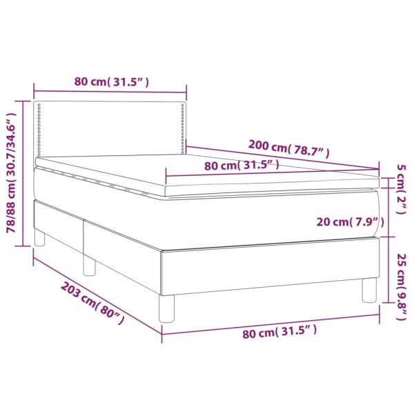 Cama box spring colchón y luces LED tela gris oscuro 80x200 cm