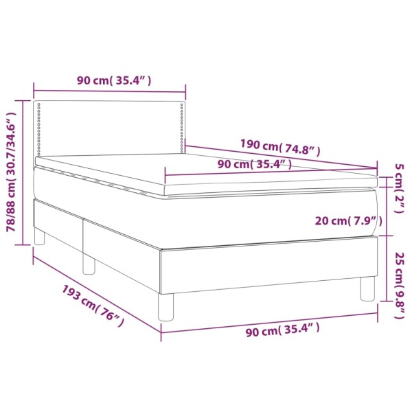 Cama box spring colchón y luces LED tela negro 90x190 cm