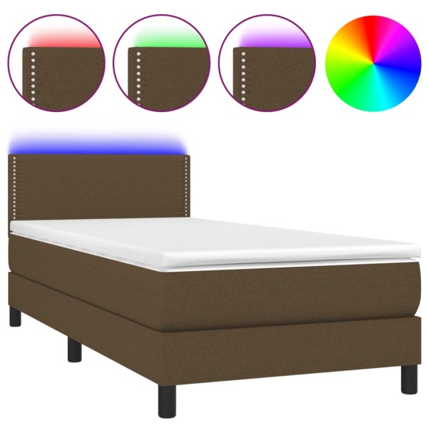 Cama box spring colchón y luces LED tela marrón oscuro 80x200cm