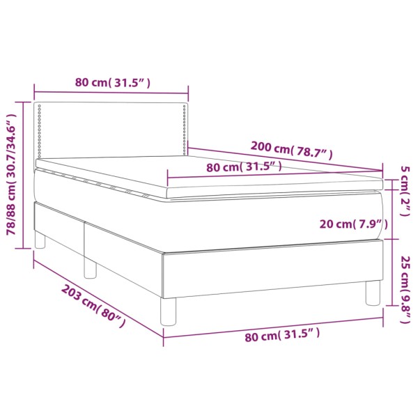 Cama box spring colchón y luces LED tela marrón oscuro 80x200cm