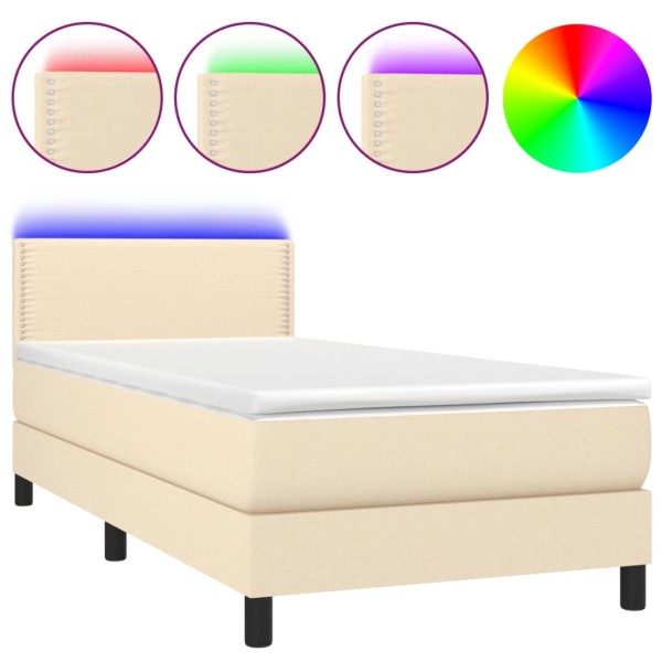 Cama box spring colchón y luces LED tela crema 100x200 cm