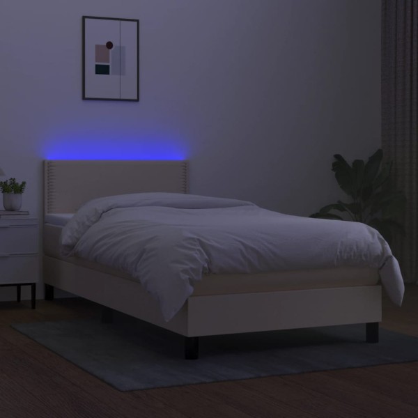 Cama box spring colchón y luces LED tela crema 100x200 cm