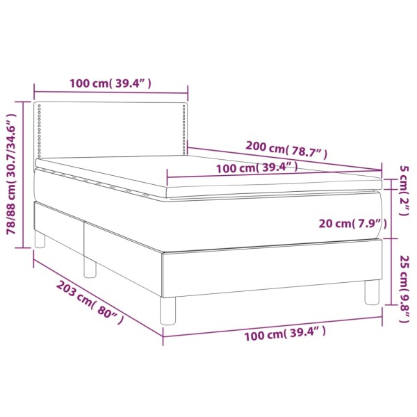 Cama box spring colchón y luces LED tela crema 100x200 cm