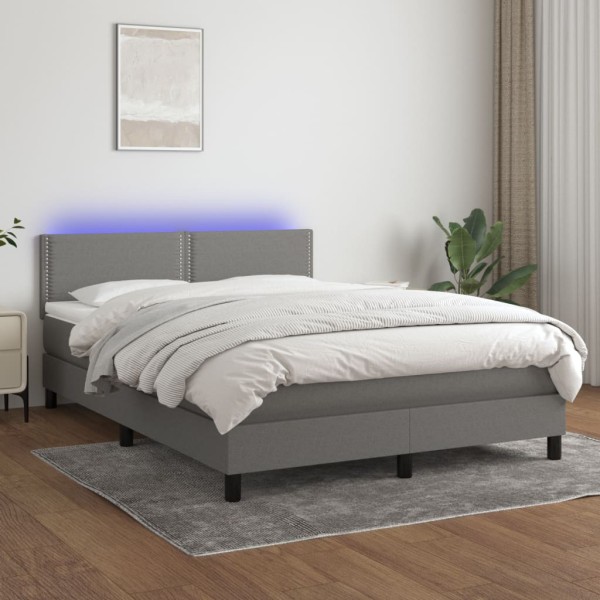 Cama box spring colchón y luces LED tela gris oscuro 140x190 cm