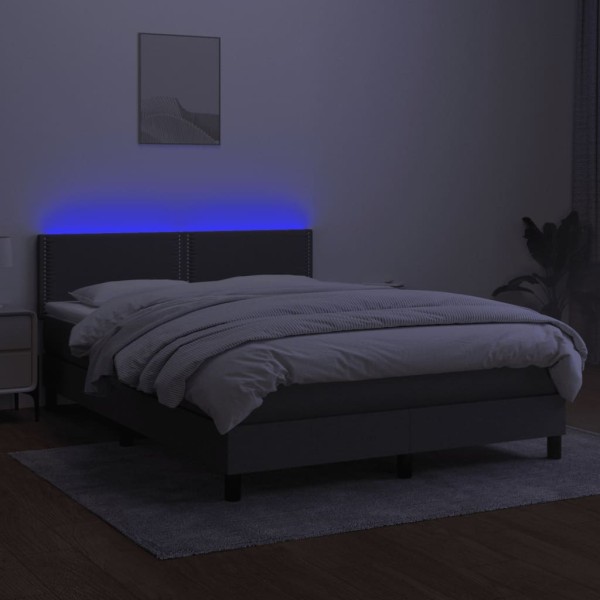 Cama box spring colchón y luces LED tela gris oscuro 140x190 cm