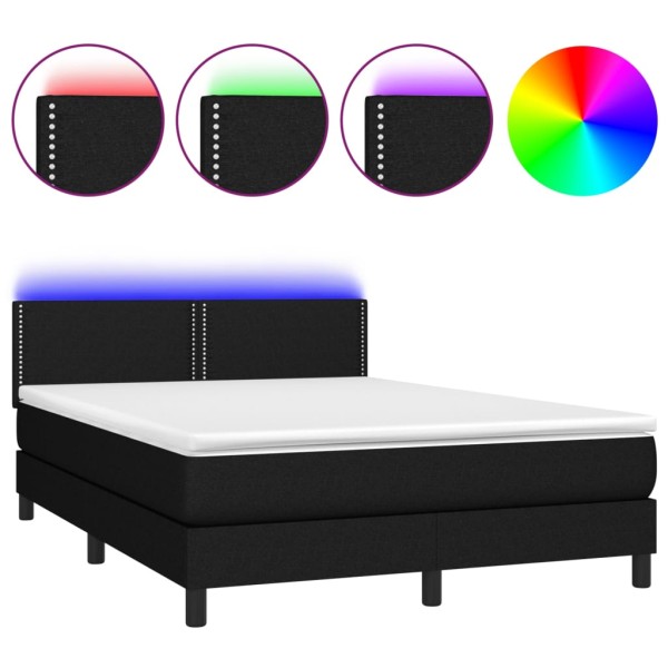 Cama box spring colchón y luces LED tela negro 140x200 cm