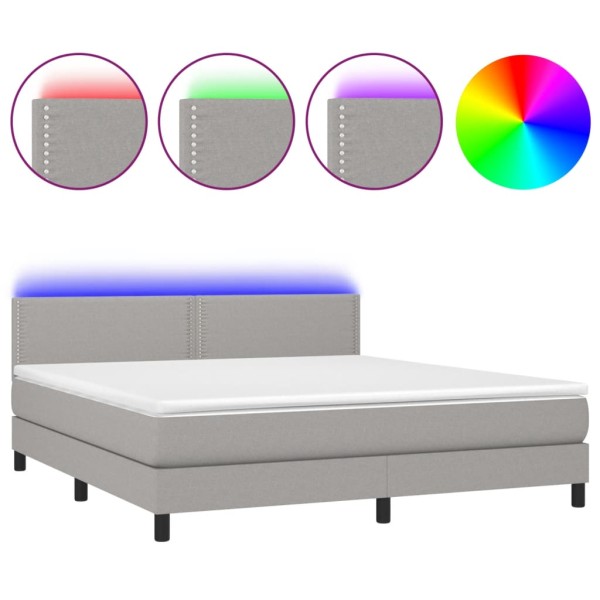 Cama box spring colchón y luces LED tela gris claro 180x200 cm