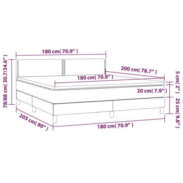 Cama box spring colchón y luces LED tela gris claro 180x200 cm