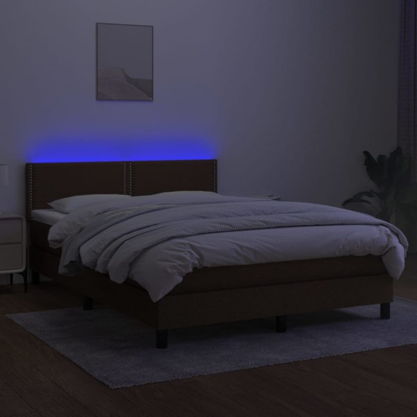 Cama box spring colchón luces LED tela marrón oscuro 140x190 cm