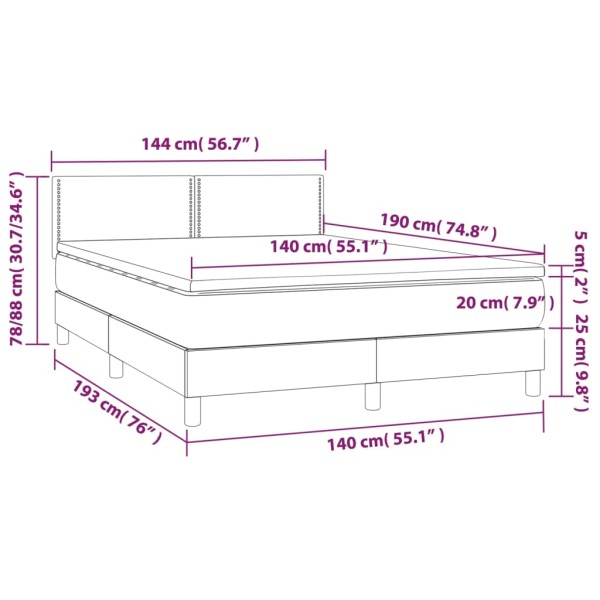 Cama box spring colchón luces LED tela marrón oscuro 140x190 cm