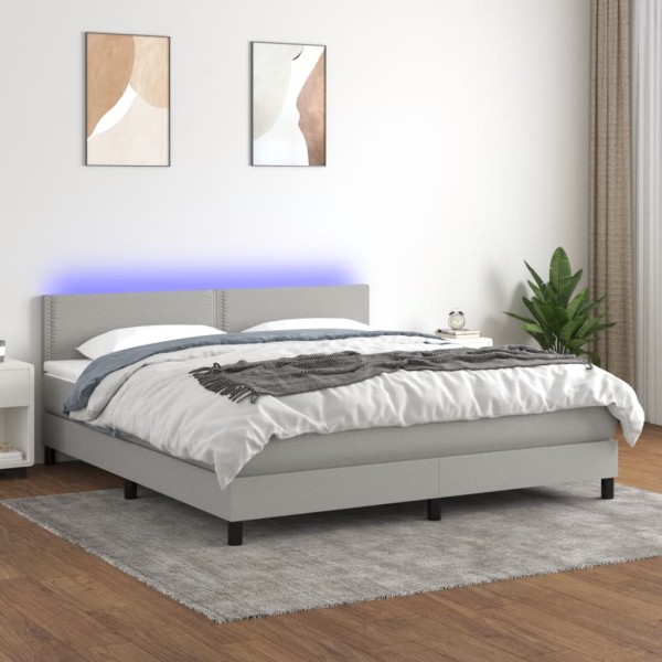 Cama box spring colchón y luces LED tela gris claro 160x200 cm