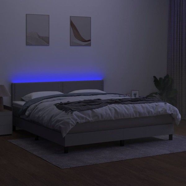 Cama box spring colchón y luces LED tela gris claro 160x200 cm