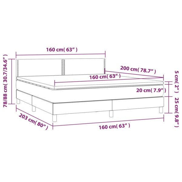 Cama box spring colchón y luces LED tela gris claro 160x200 cm