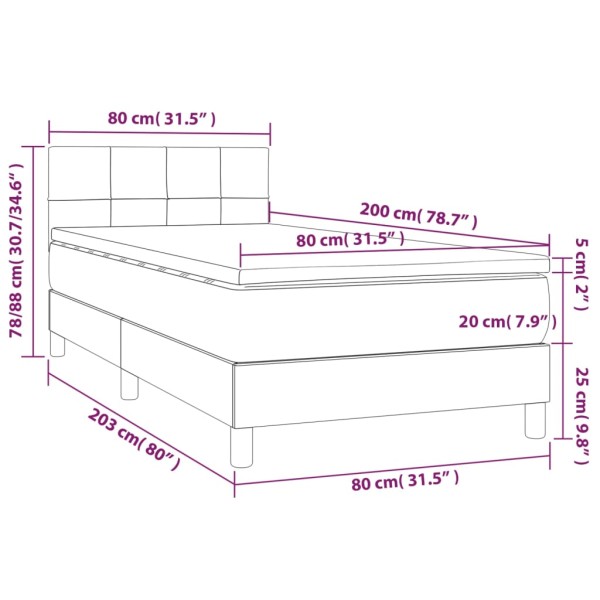 Cama box spring colchón y luces LED tela crema 80x200 cm