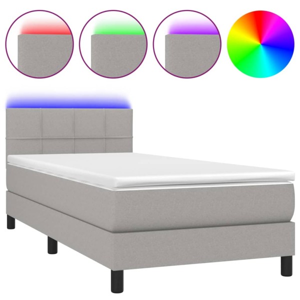 Cama box spring colchón y luces LED tela gris claro 80x200 cm