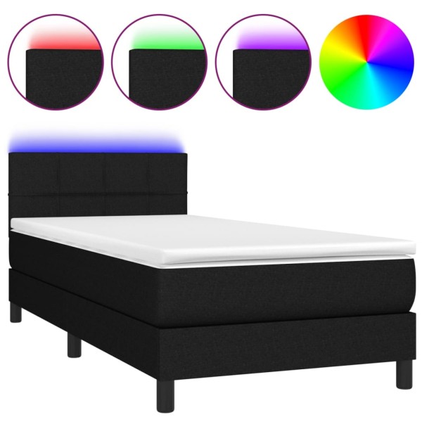 Cama box spring colchón y luces LED tela negro 100x200 cm