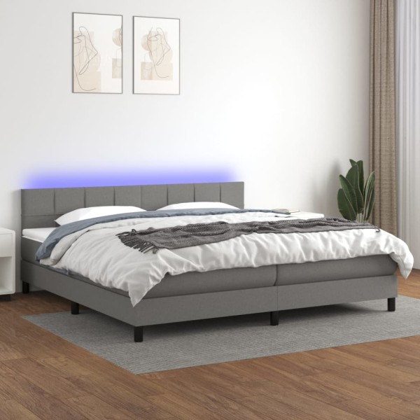 Cama box spring colchón y luces LED tela gris claro 200x200 cm