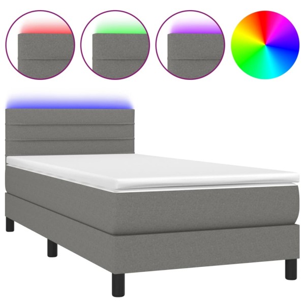 Cama box spring colchón y luces LED tela gris oscuro 90x200 cm