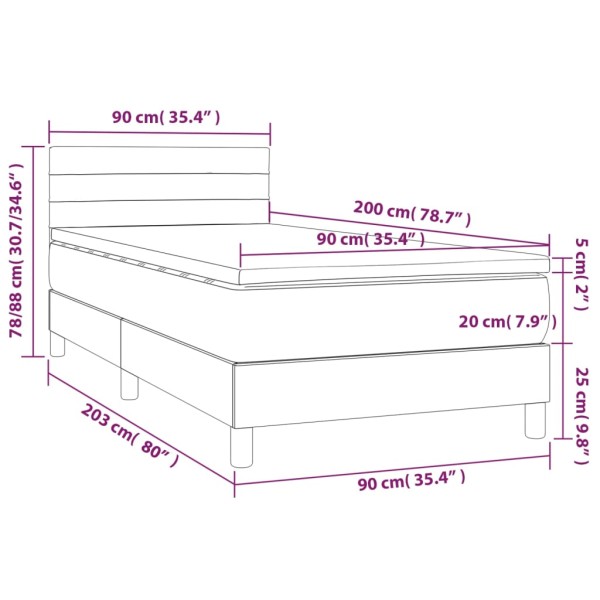 Cama box spring colchón y luces LED tela gris oscuro 90x200 cm