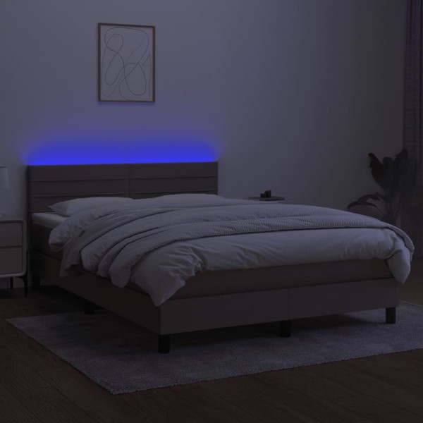 Cama box spring colchón y luces LED tela gris taupe 140x190 cm