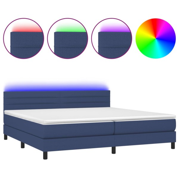 Cama box spring colchón y luces LED tela azul 200x200 cm