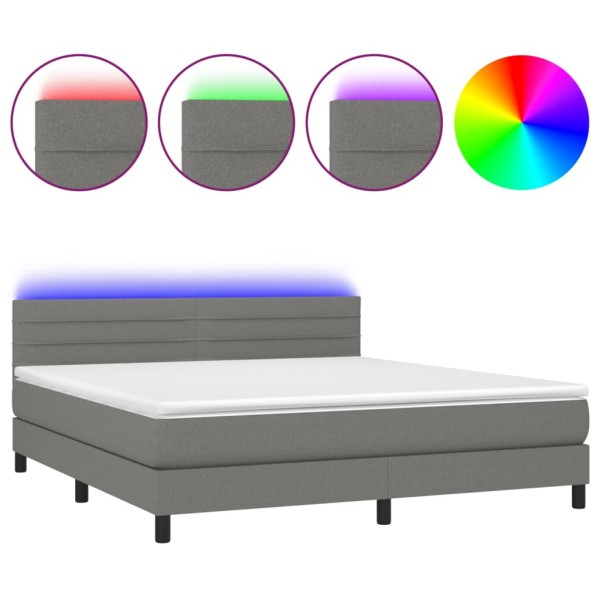 Cama box spring colchón y luces LED tela gris oscuro 160x200 cm