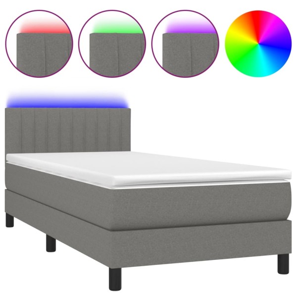 Cama box spring colchón y luces LED tela gris oscuro 90x190 cm