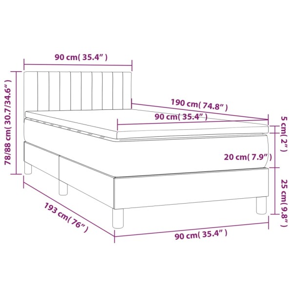 Cama box spring colchón y luces LED tela gris oscuro 90x190 cm