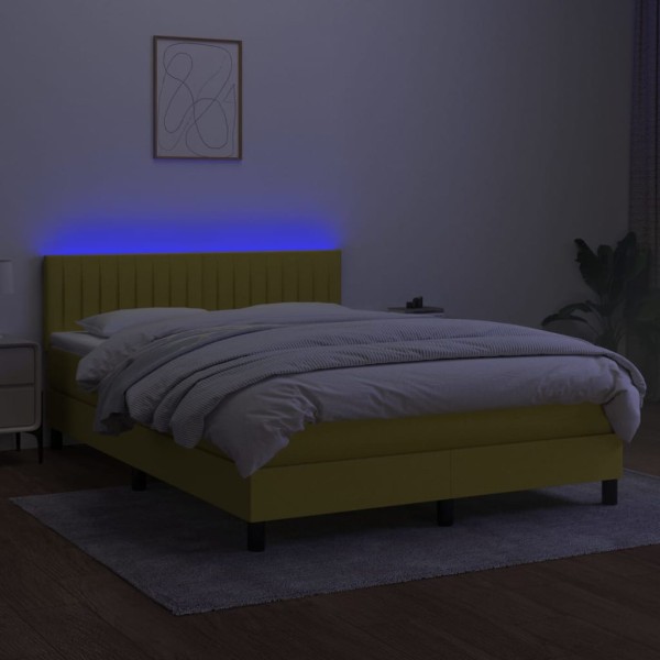 Cama box spring colchón y luces LED tela azul 140x190 cm