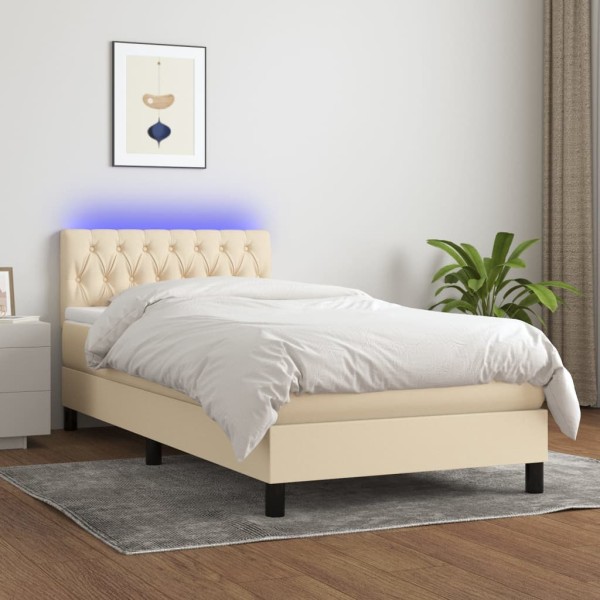 Cama box spring colchón y luces LED tela color crema 90x190 cm