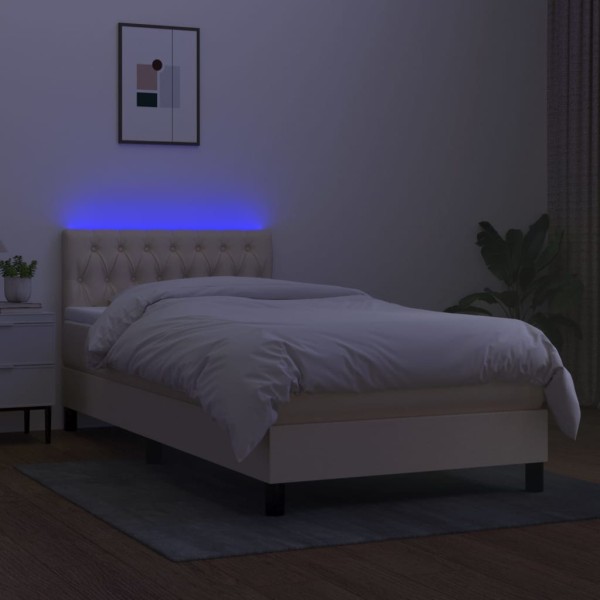 Cama box spring colchón y luces LED tela color crema 90x190 cm