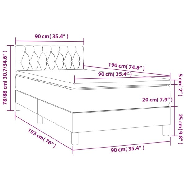 Cama box spring colchón y luces LED tela color crema 90x190 cm