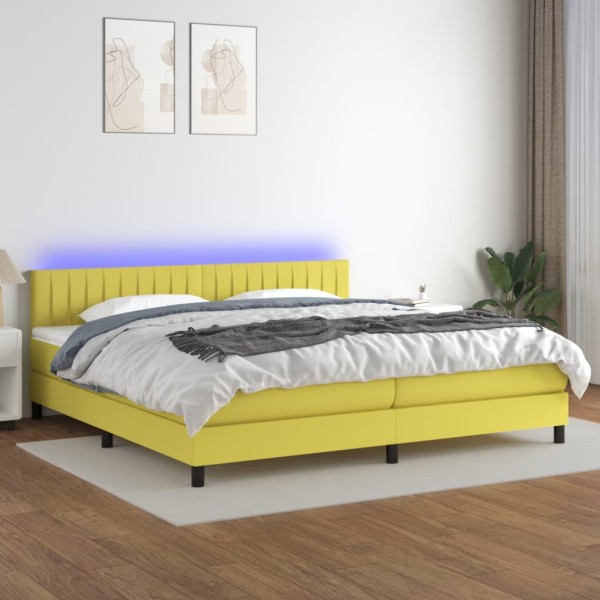 Cama box spring colchón y luces LED tela verde 200x200 cm