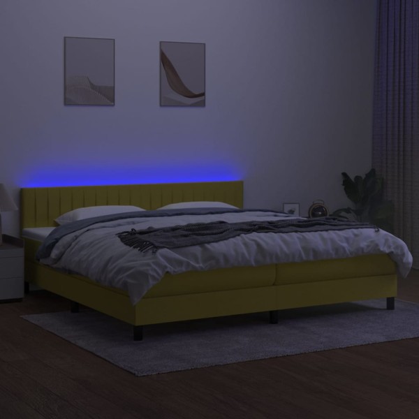 Cama box spring colchón y luces LED tela verde 200x200 cm