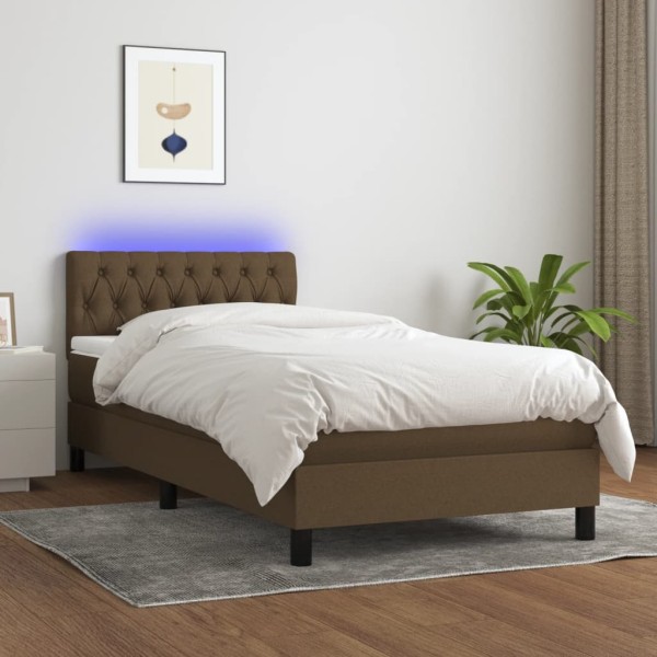 Cama box spring colchón y luces LED tela marrón oscuro 90x190cm