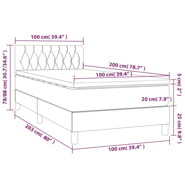 Cama box spring colchón luces LED tela marrón oscuro 100x200cm