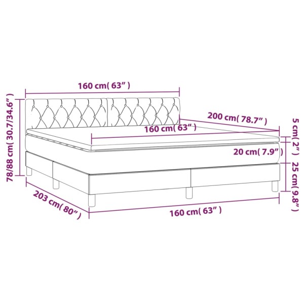 Cama box spring colchón y luces LED tela azul 160x200 cm